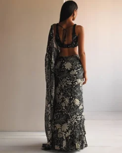 Black Garden Printed Ruffle Sari Set