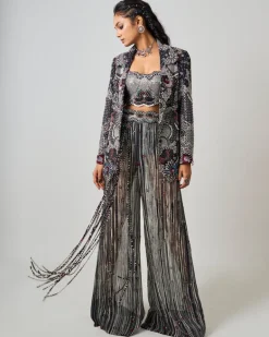 Black Hand Embroidered Blazer & Kantha A-Line Pants Set