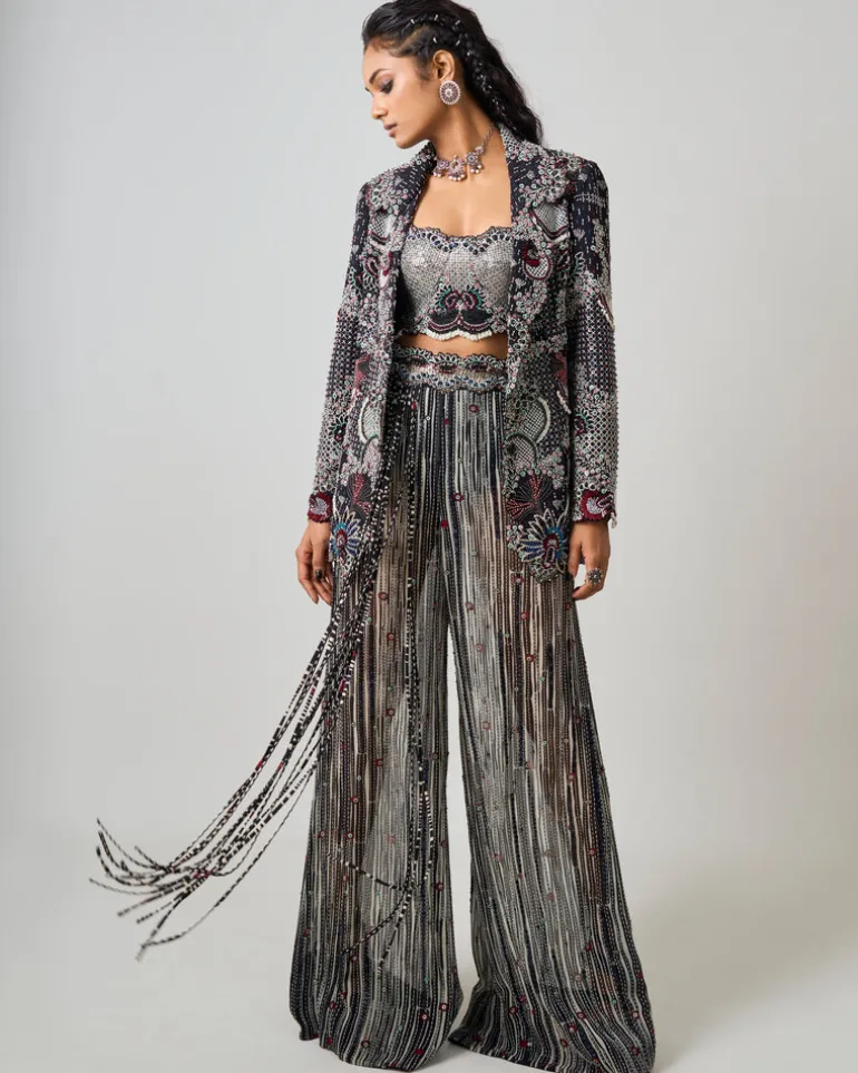 Black Hand Embroidered Blazer & Kantha A-Line Pants Set