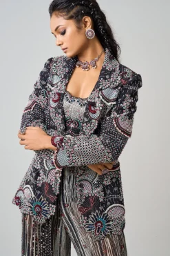 Black Hand Embroidered Blazer & Kantha A-Line Pants Set