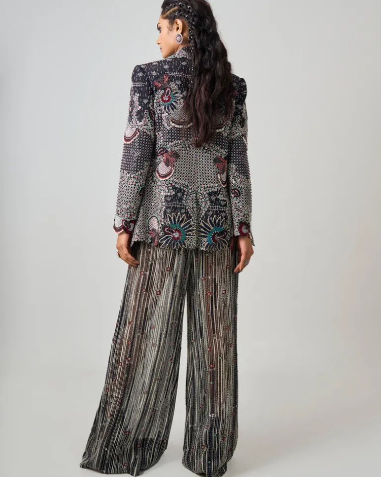 Black Hand Embroidered Blazer & Kantha A-Line Pants Set