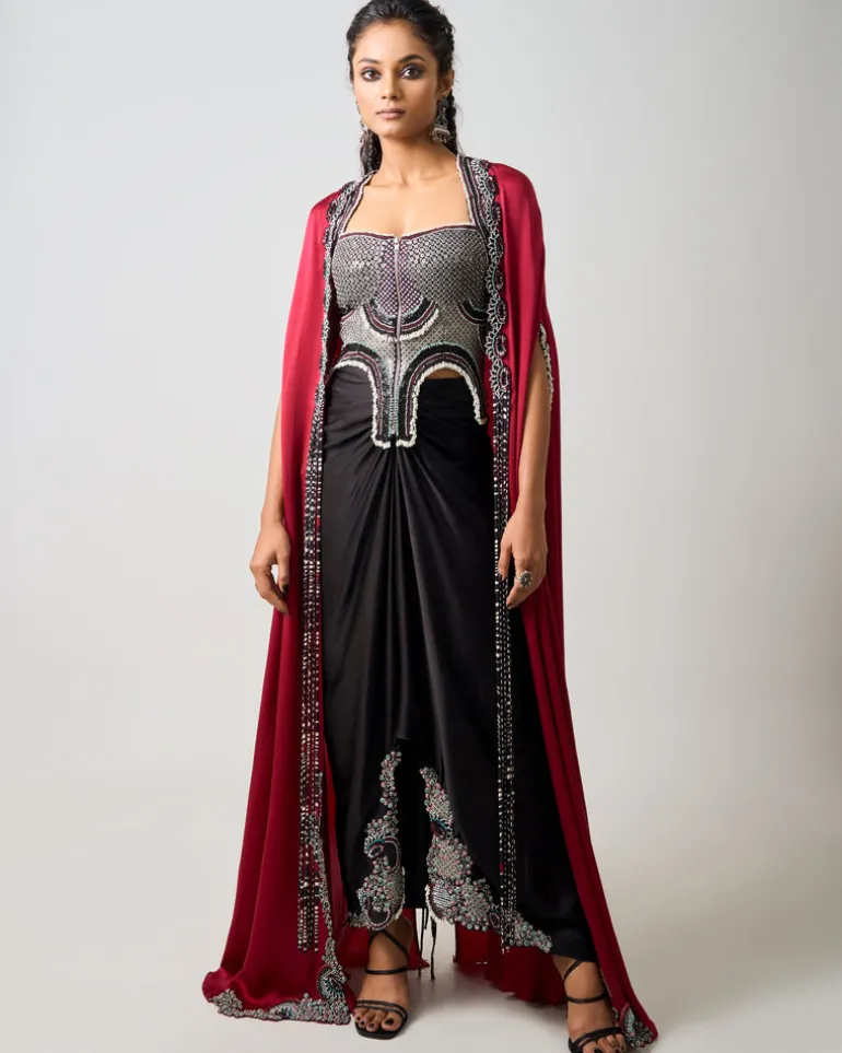 Black Hand Embroidered Corset & Pick Up Skirt Set