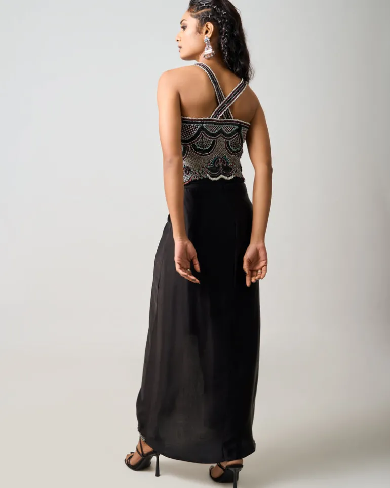 Black Hand Embroidered Corset & Pick Up Skirt Set