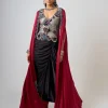 Black Hand Embroidered Floral Waistcoat With Burgundy Slit Cape Set
