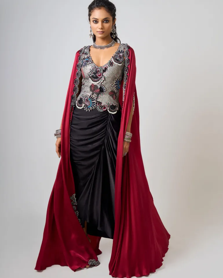 Black Hand Embroidered Floral Waistcoat With Burgundy Slit Cape Set