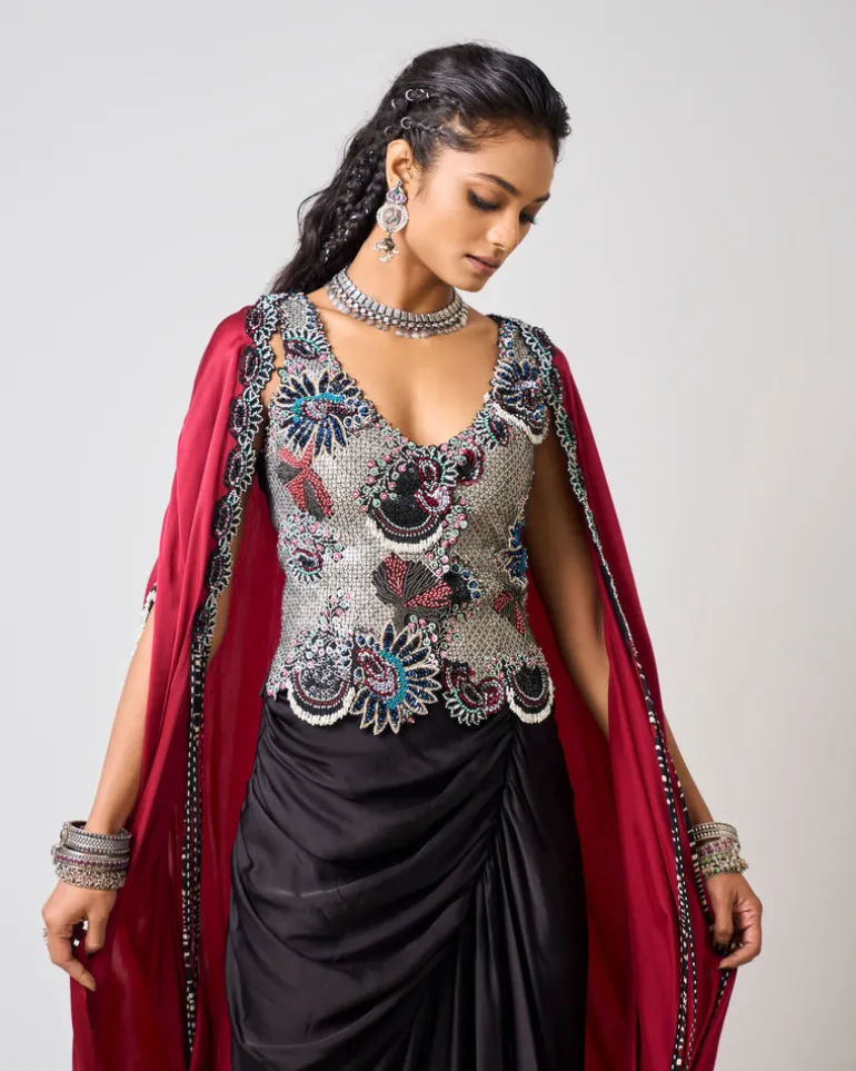 Black Hand Embroidered Floral Waistcoat With Burgundy Slit Cape Set
