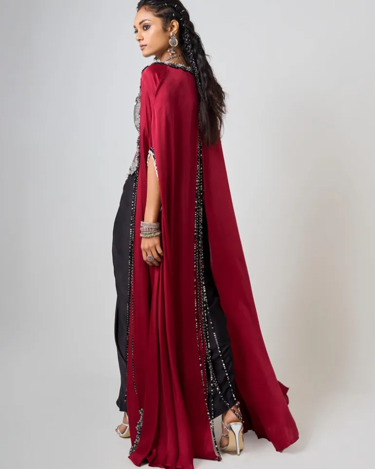 Black Hand Embroidered Floral Waistcoat With Burgundy Slit Cape Set
