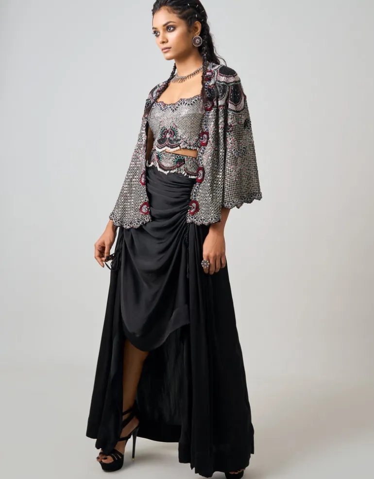 Black Hand Embroidered Short Cape & Drawstring Skirt Set