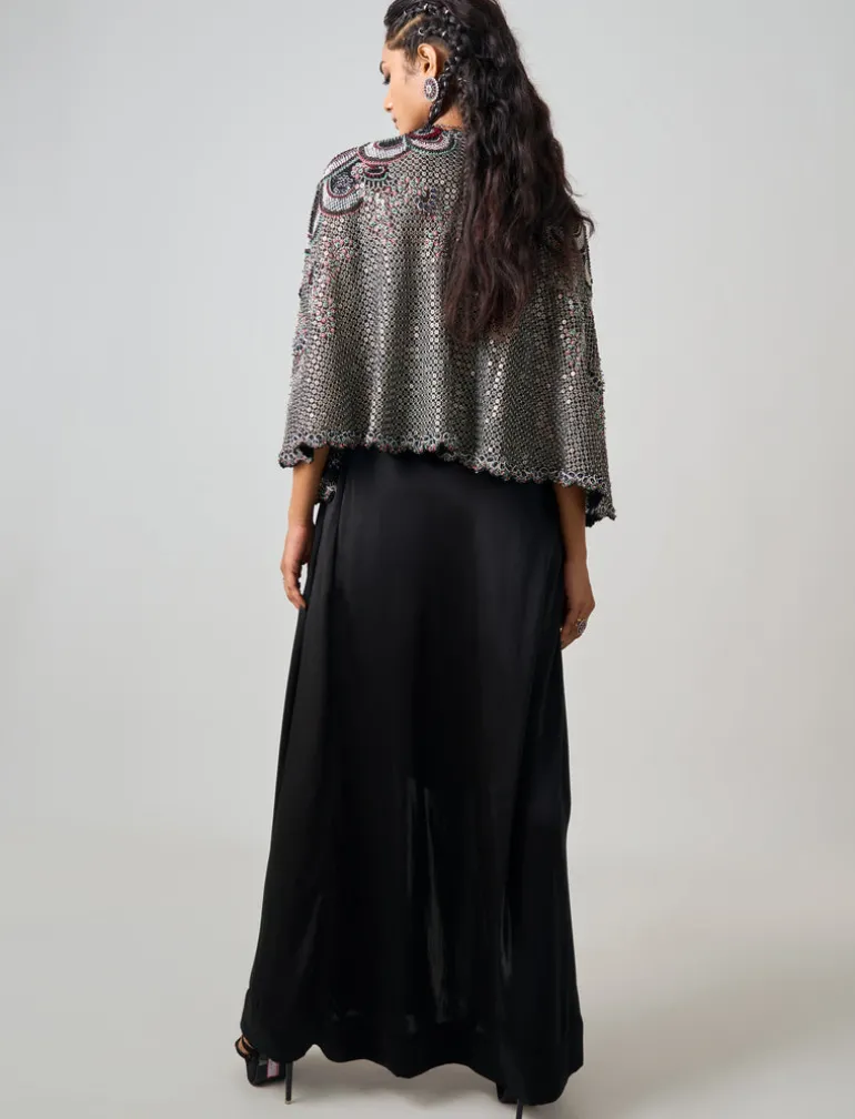 Black Hand Embroidered Short Cape & Drawstring Skirt Set