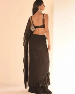 Black Hand Embroidered Tiered Sari Set