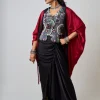 Black Hand Embroidered Tribal Waistcoat & Burgundy Gather Kite Set