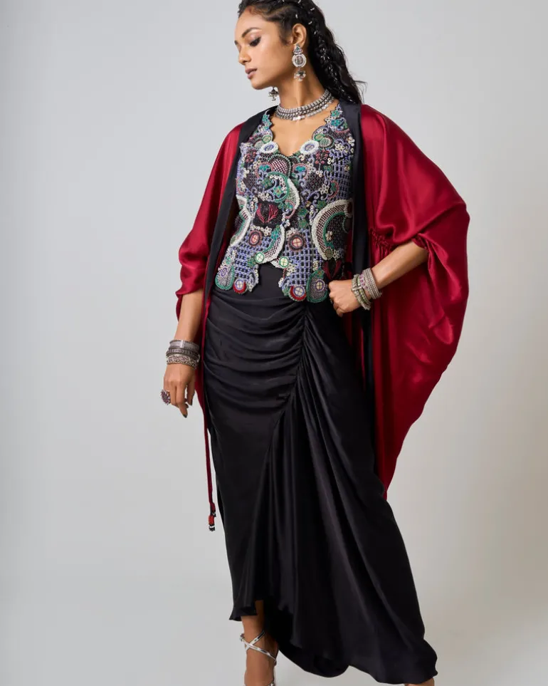 Black Hand Embroidered Tribal Waistcoat & Burgundy Gather Kite Set
