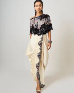 Black Hand-Embroidered Off-Shoulder Cape With White Sari Skirt Set