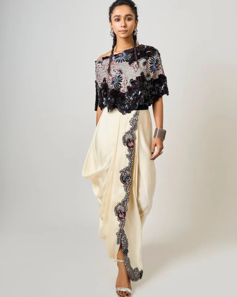 Black Hand-Embroidered Off-Shoulder Cape With White Sari Skirt Set