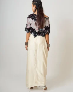 Black Hand-Embroidered Off-Shoulder Cape With White Sari Skirt Set