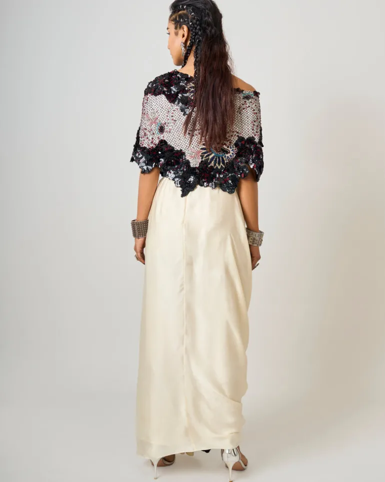 Black Hand-Embroidered Off-Shoulder Cape With White Sari Skirt Set