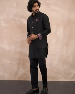 Black Inara Motif Foe Nehru Jacket Set
