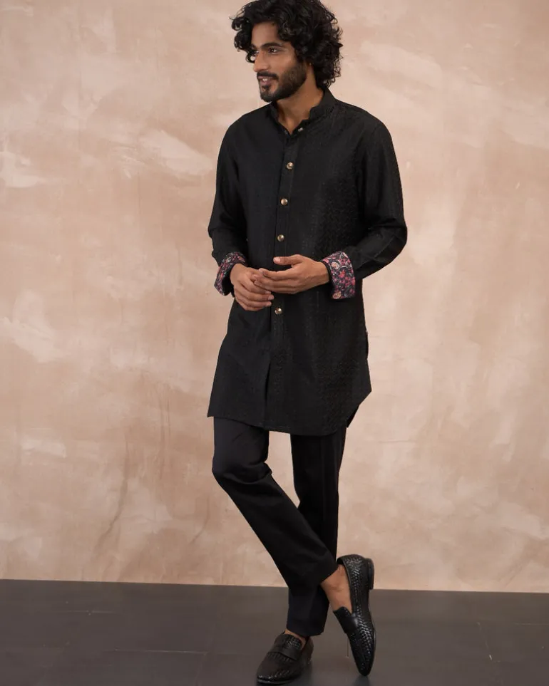 Black Inara Motif Foe Nehru Jacket Set
