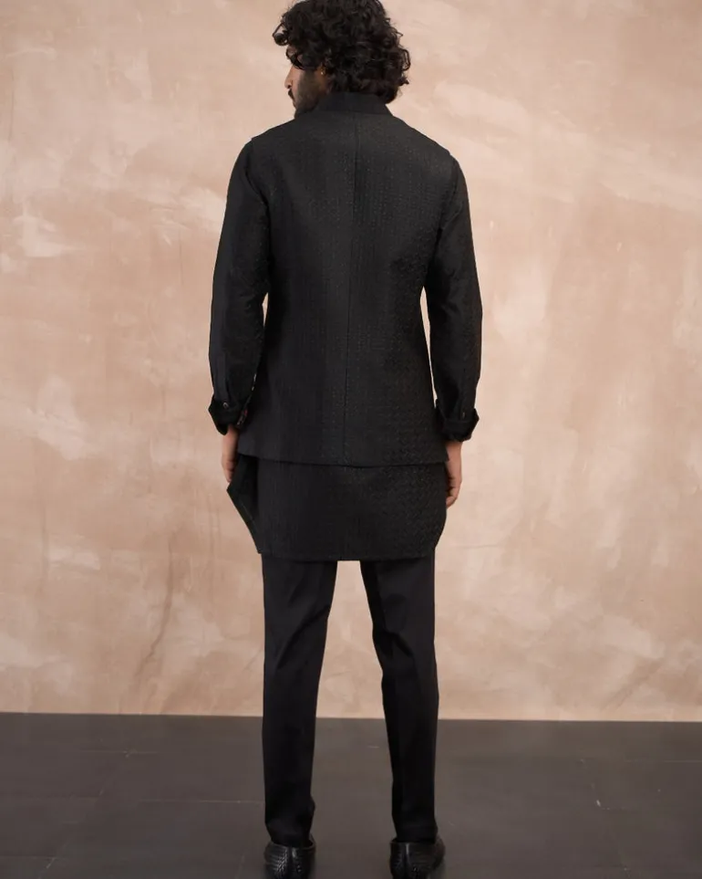 Black Inara Motif Foe Nehru Jacket Set