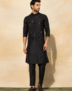 Black Leaf Embroidered Kurta Set