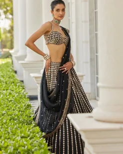 Black Linear Mirror Embroidered Lehenga Set