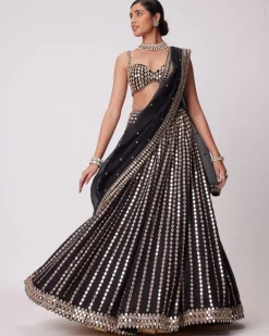 Black Linear Mirror Embroidered Lehenga Set