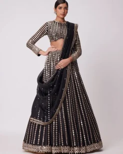 Black Linear Mirror Embroidered Lehenga Set