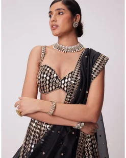 Black Linear Mirror Embroidered Lehenga Set
