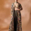 Black Long Embroidered Jacket With A Bustier And Sharara