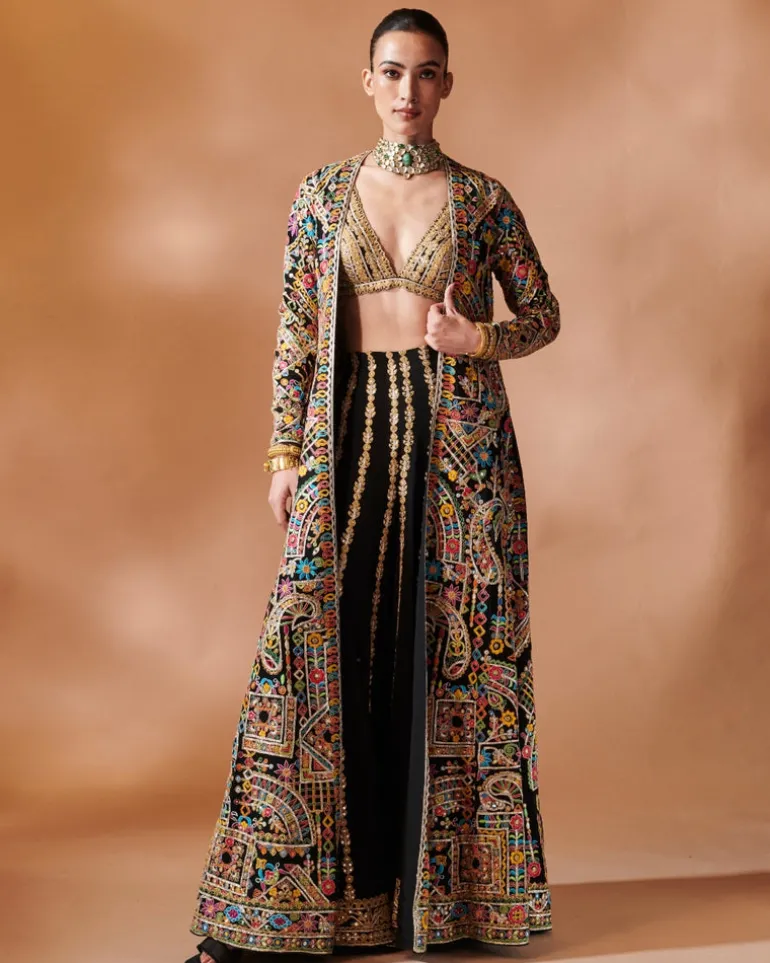 Black Long Embroidered Jacket With A Bustier And Sharara