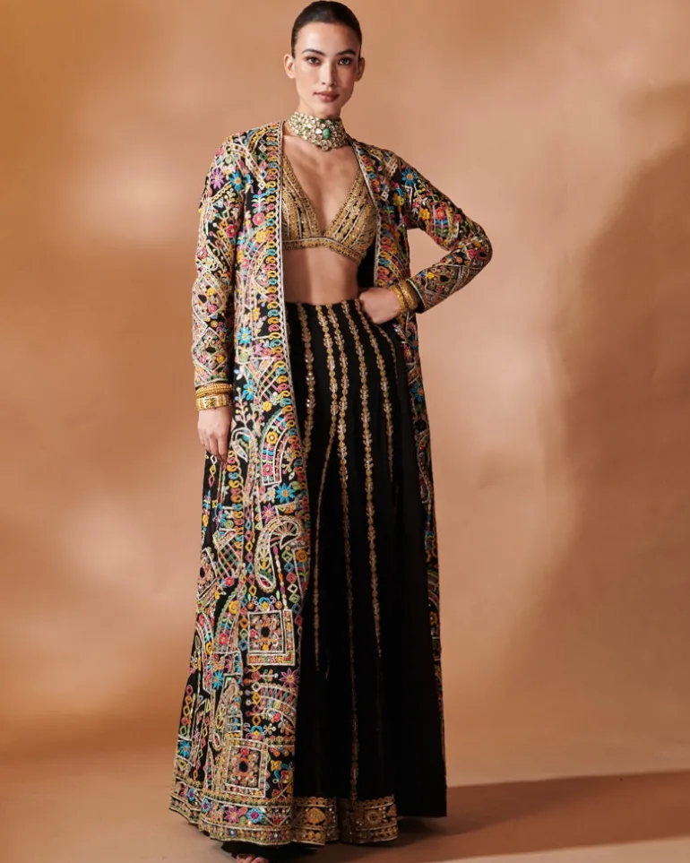 Black Long Embroidered Jacket With A Bustier And Sharara