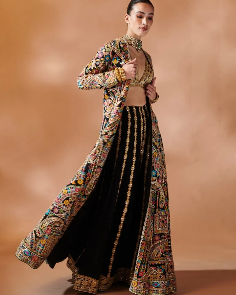 Black Long Embroidered Jacket With A Bustier And Sharara