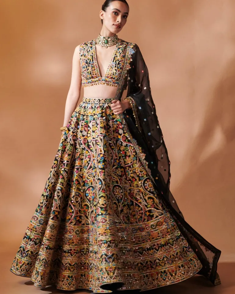 Black Multi Thread Embroidery Lehenga Set