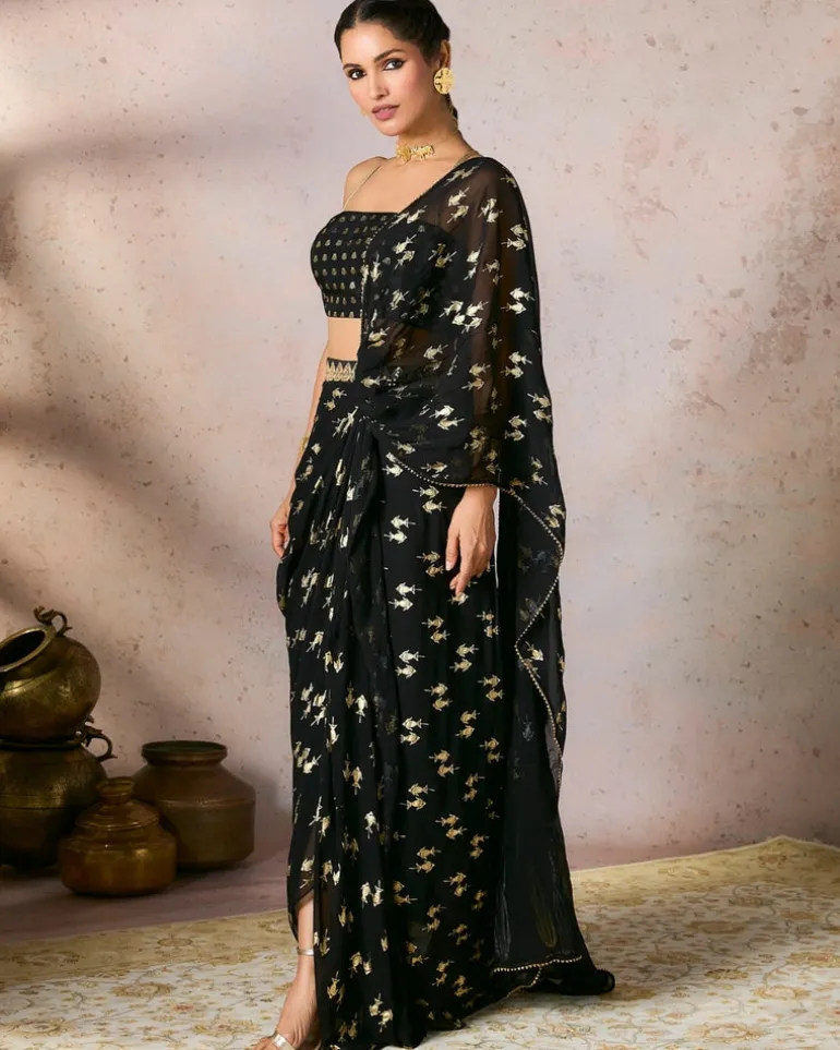 Black Mystic Drape Sari Set