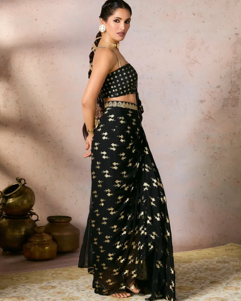 Black Mystic Drape Sari Set