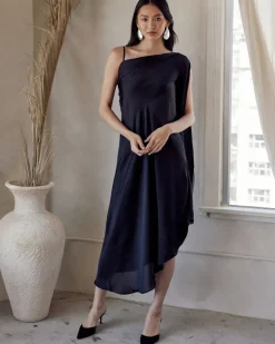 Black One Shoulder Draped Dress