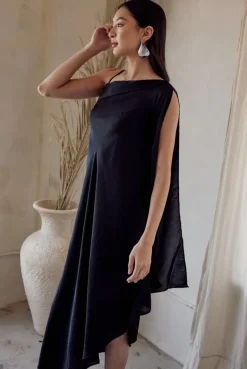 Black One Shoulder Draped Dress
