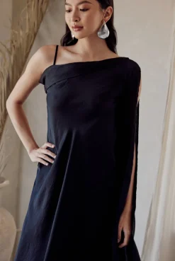 Black One Shoulder Draped Dress