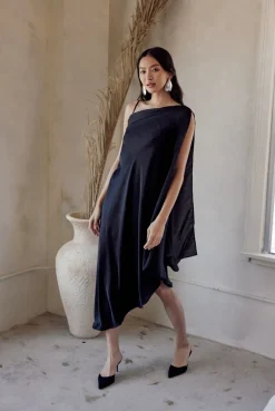 Black One Shoulder Draped Dress