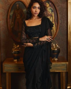 Black Organza Ruffle Skirt Sari Set