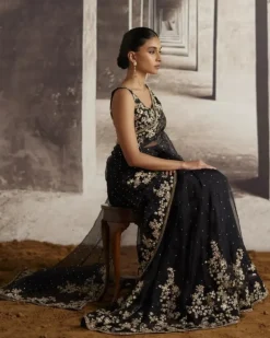 Black Organza Sari With Ivory Threadwork