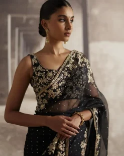 Black Organza Sari With Ivory Threadwork
