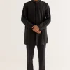 Black Pin Tuck Dori Embroidered Front-Open Kurta Set