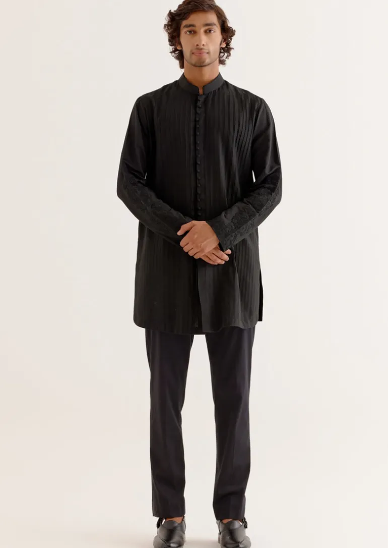 Black Pin Tuck Dori Embroidered Front-Open Kurta Set