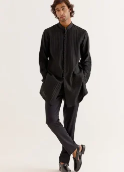Black Pin Tuck Dori Embroidered Front-Open Kurta Set