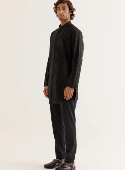 Black Pin Tuck Dori Embroidered Front-Open Kurta Set