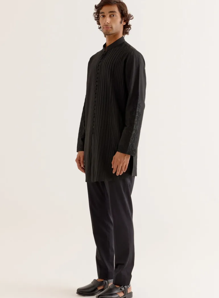 Black Pin Tuck Dori Embroidered Front-Open Kurta Set