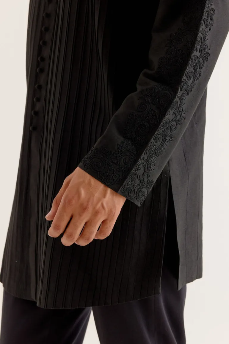 Black Pin Tuck Dori Embroidered Front-Open Kurta Set