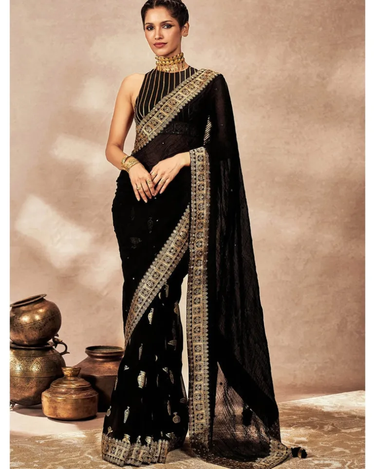Black Potters Touch Crushed Sari Set