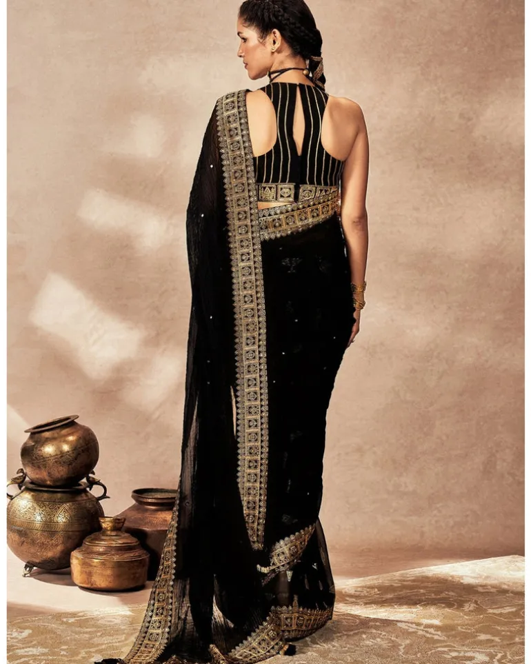 Black Potters Touch Crushed Sari Set